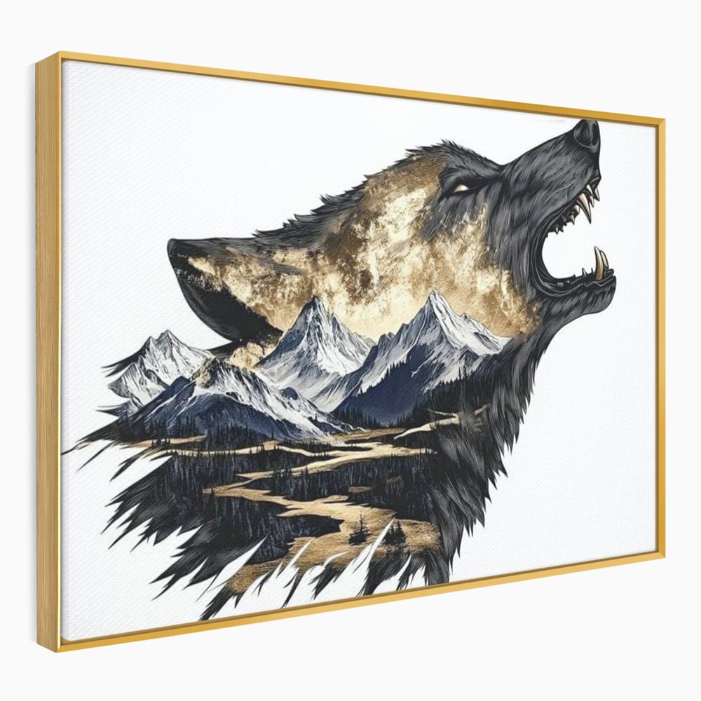 Tablou canvas cu ilustratie cu lup care urla si munti, in rama de aluminiu auriu